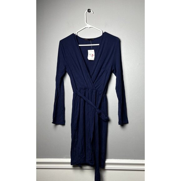 Women's Fraiche by J Navy Wrap Dress Long Sleeve Tie Front Stretchy Knit Small - Picture 4 of 8